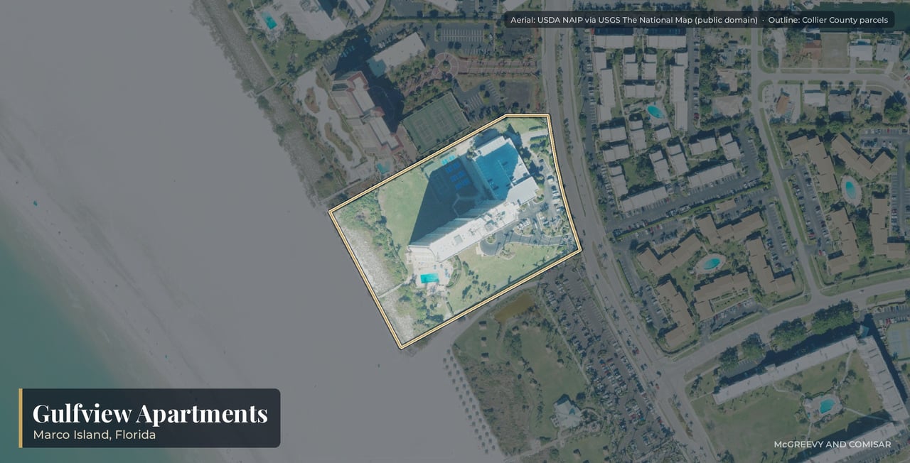Aerial view of Gulfview Apartments on Marco Island, Florida, the 20-story 1975 tower on the open Gulf beach at 58 North Collier Boulevard