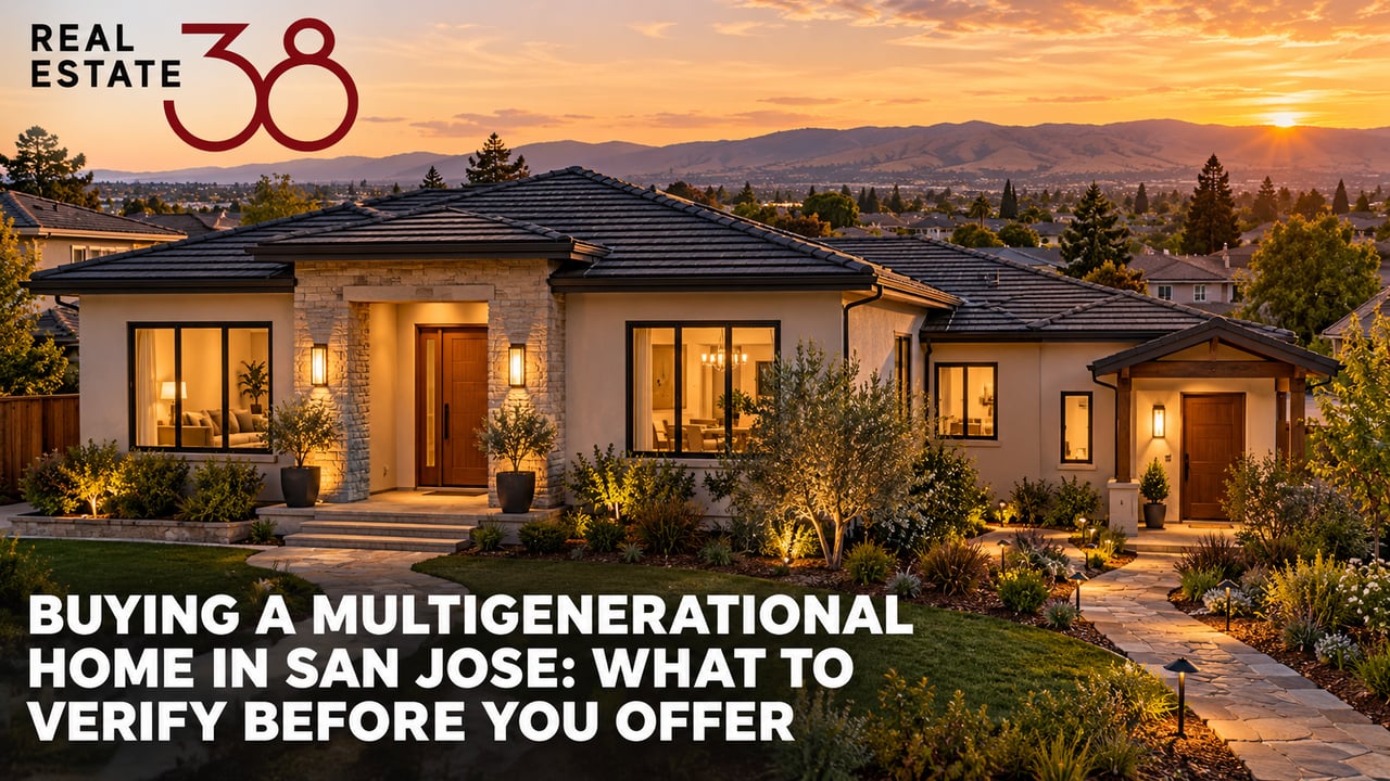 San Jose home with a separate private entrance for multigenerational living, lit windows at golden hour.