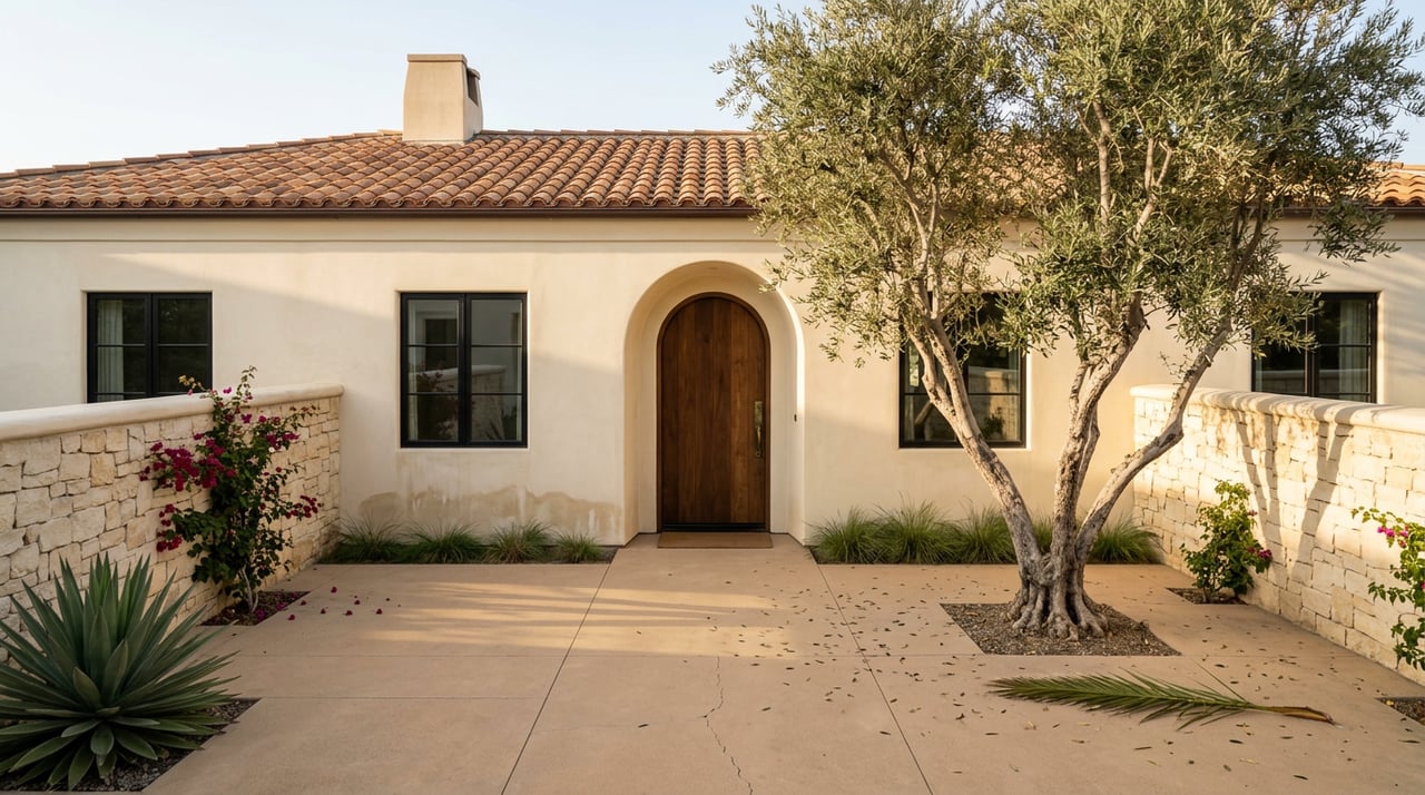 Coastal courtyard with an arched wood entry, olive tree, limestone walls, and sunlit stucco facade.