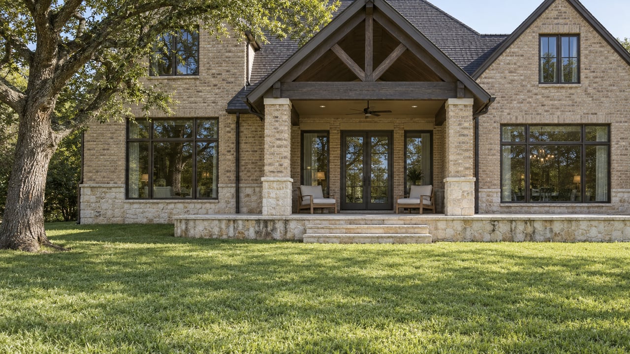Two-story brick and stone home with a timber gabled porch and broad green lawn.