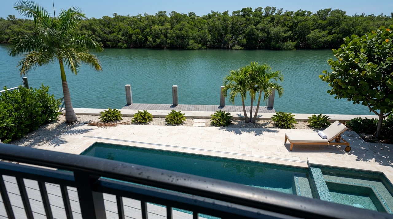 Pool terrace with a teak chaise overlooks a private dock and canal backed by dense mangroves.