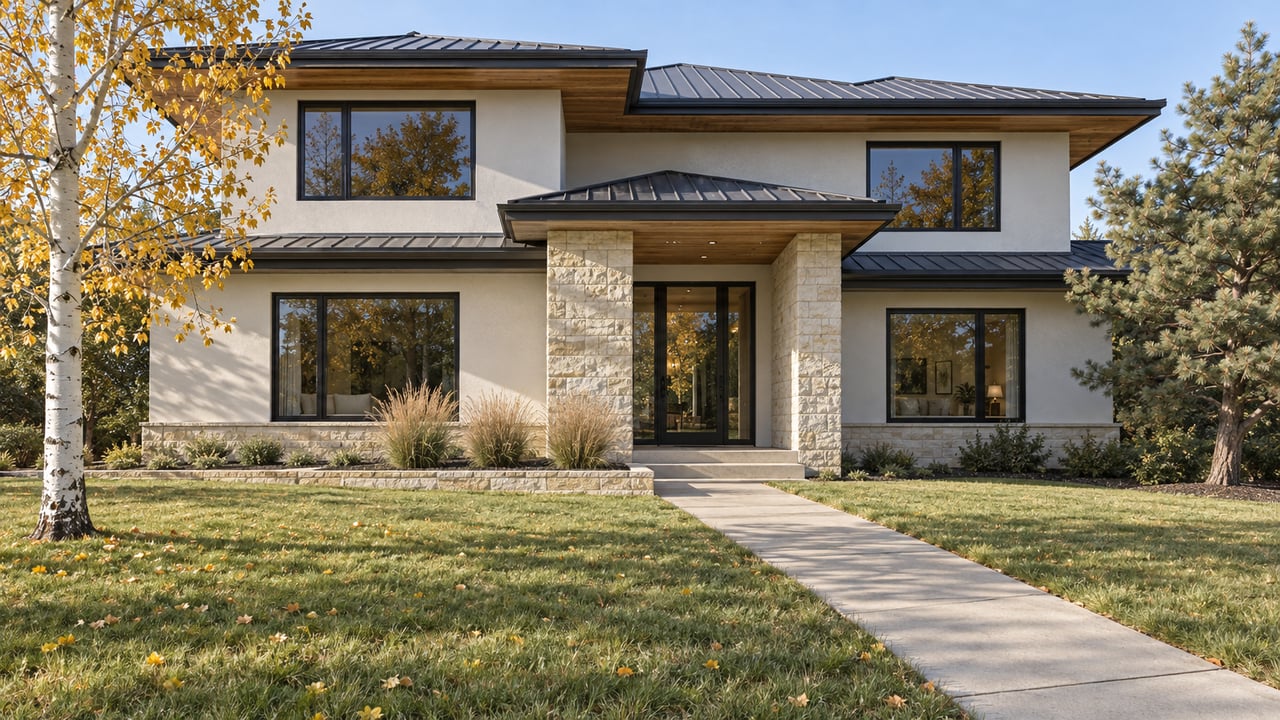 Contemporary two-story home with pale limestone, cedar soffits, black-framed windows and a deep autumn lawn.