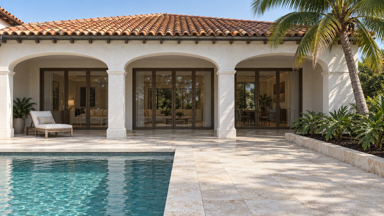 White stucco home with terracotta roof, shaded arched loggia, teak lounge and limestone-edged pool beneath a coconut palm.