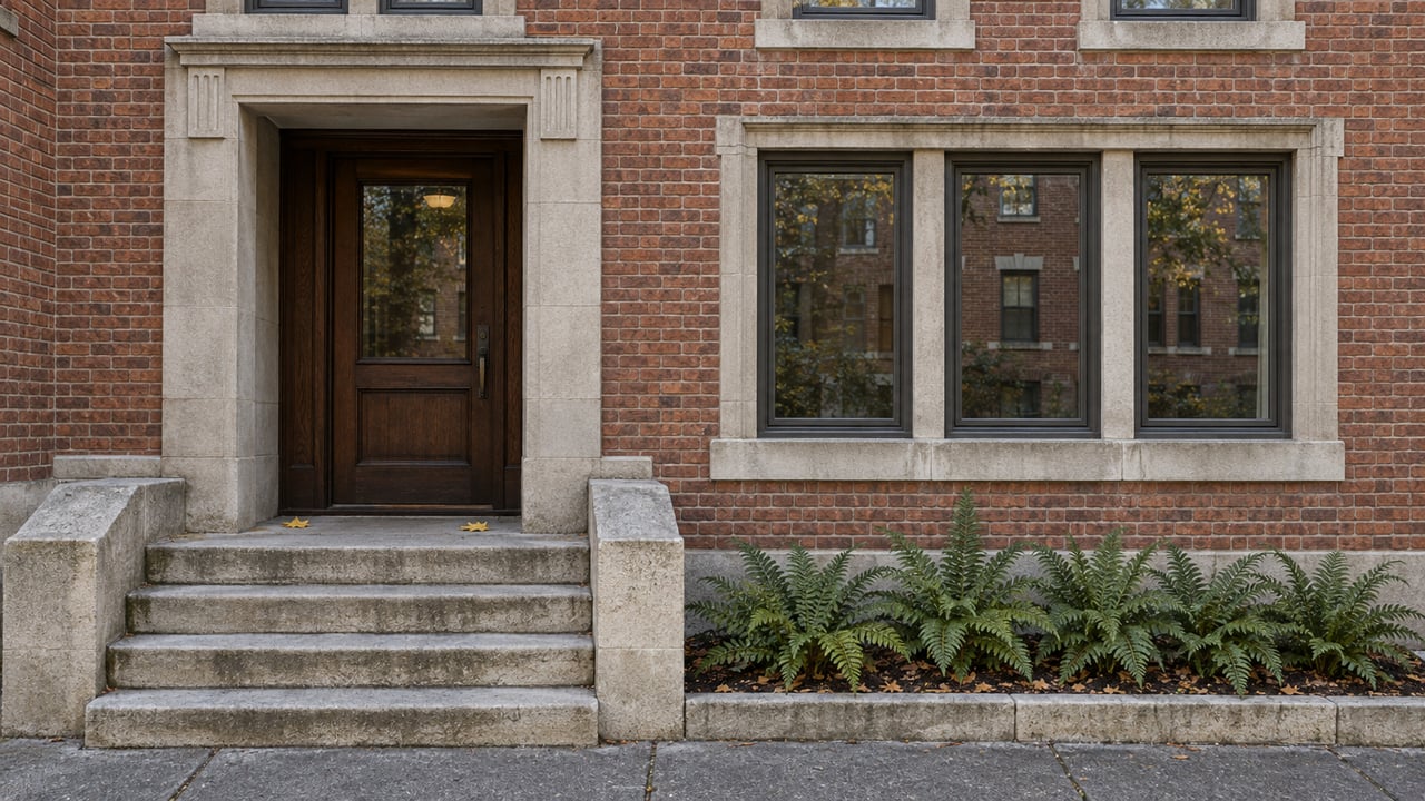 Weathered limestone steps lead to an oak-and-glass entrance in a red-brown brick apartment building beside a bronze-framed residential window.