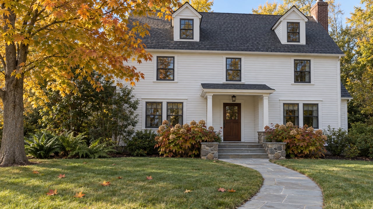 White clapboard home with dark windows, a bluestone approach, broad lawn and an amber sugar maple in autumn daylight.