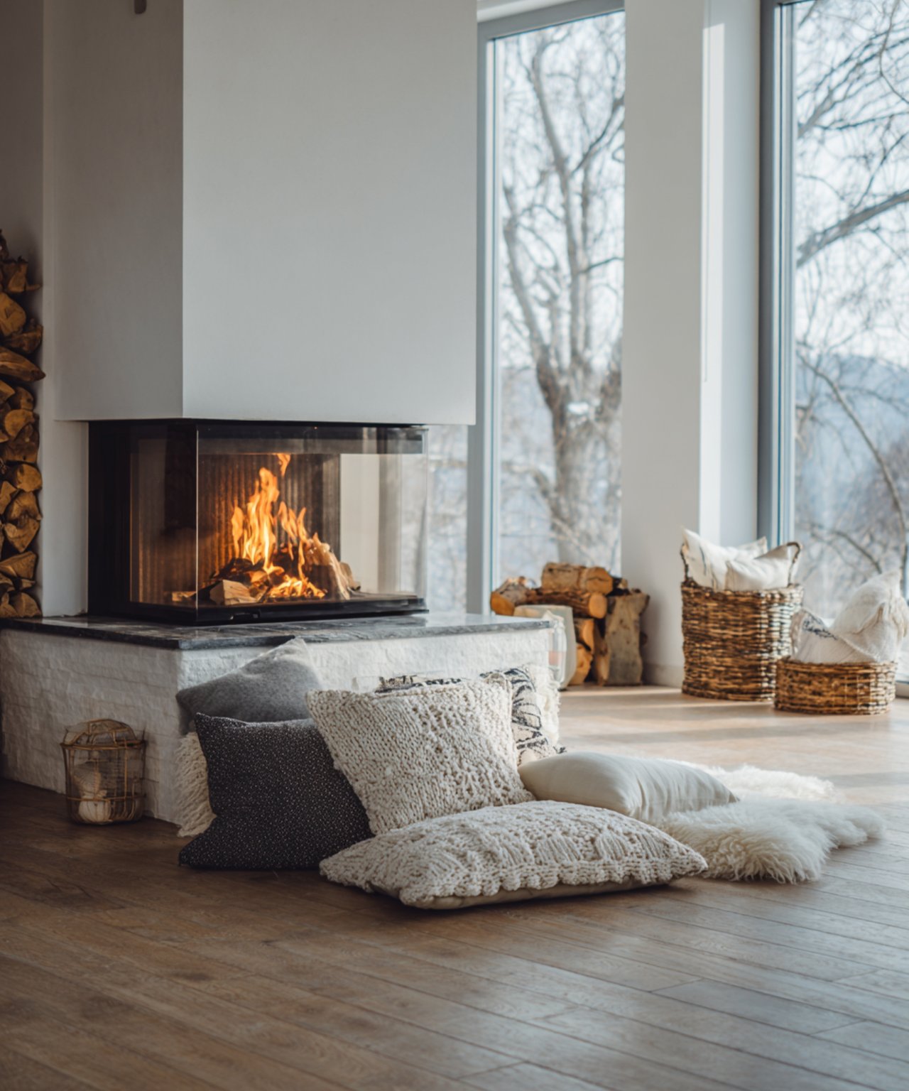 Living room with a glass-front fireplace, white stone hearth, and tall windows overlooking bare trees.