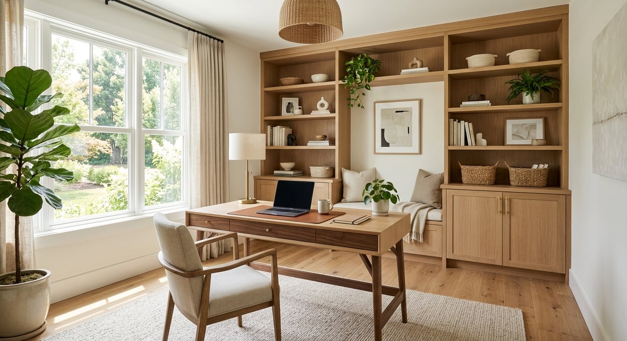 Home office with warm-white built-ins, a cognac leather chair, and a window framing green tree canopy.
