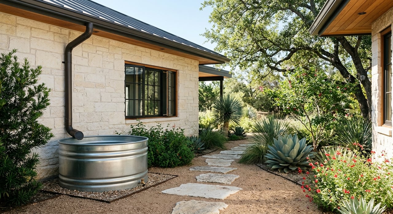 Galvanized rainwater cistern beside a limestone house, with stepping stones, desert plants, and a dark metal roof.