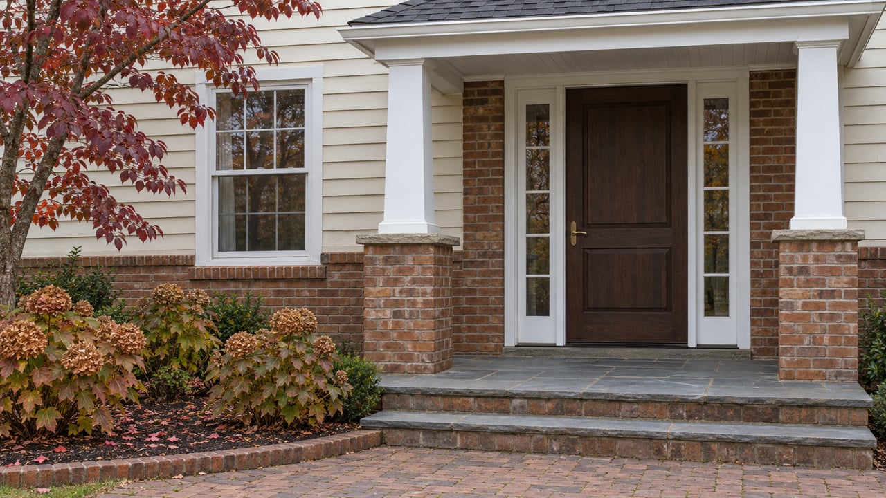 Brick and ivory clapboard home entrance with an oak front door, slate steps, and autumn dogwood and oakleaf hydrangea planting.