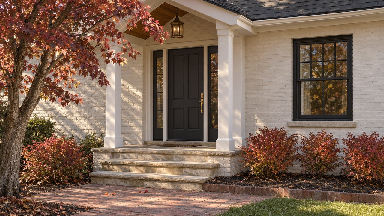 Off-white brick home entry with a charcoal door, limestone steps, and burgundy dogwood leaves overhead.
