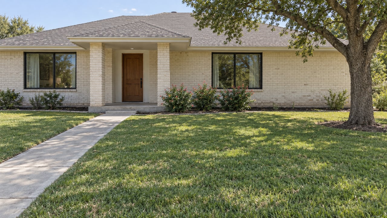 Single-story pale brick home with a front walkway, green lawn, and large shade tree.