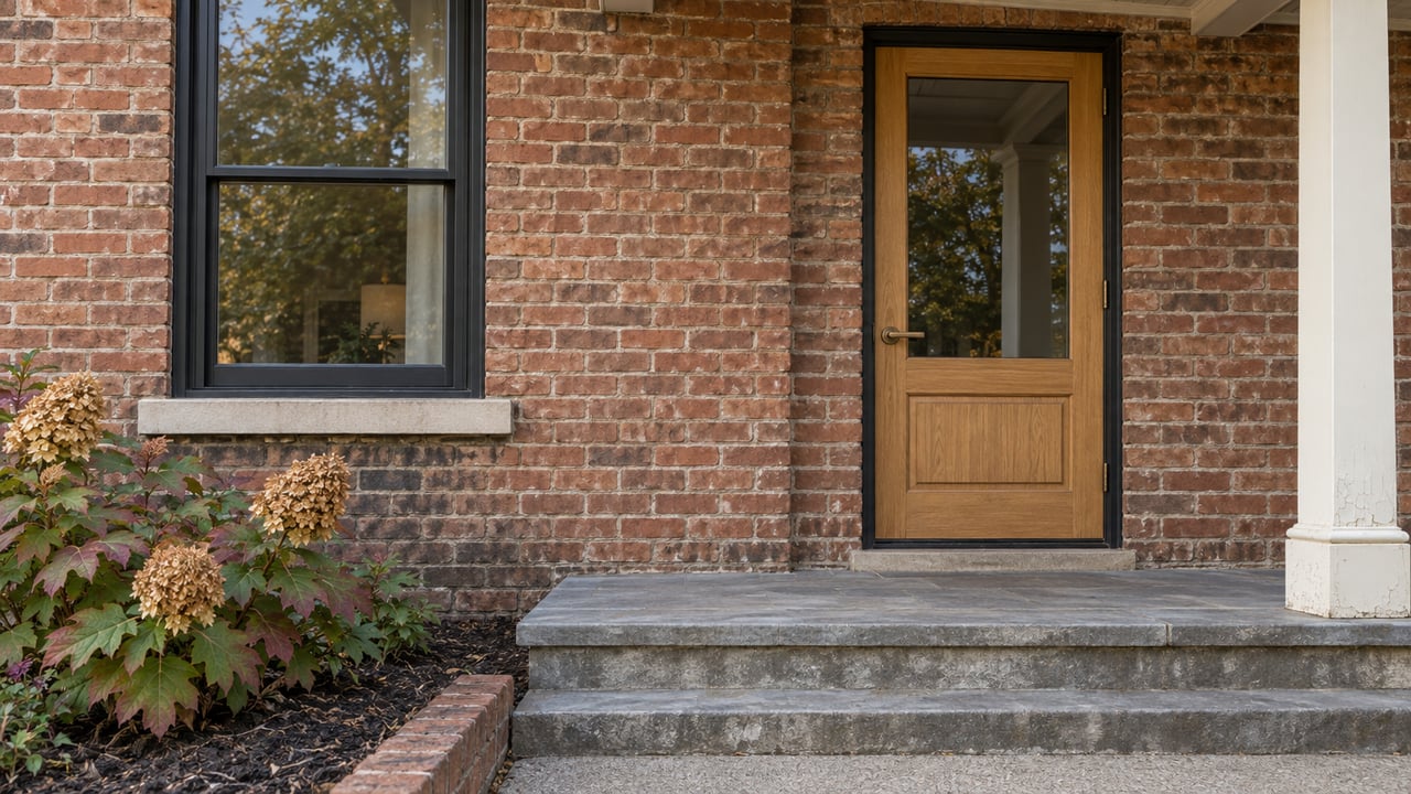 A renovated brick home's glazed oak entry door and dark-framed sash window above worn gray stone steps, beside an oakleaf hydrangea.
