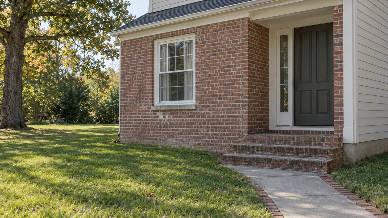 Brick-and-ivory two-story house with a recessed entry, brick steps, and a lawn beside a diagonal walk.