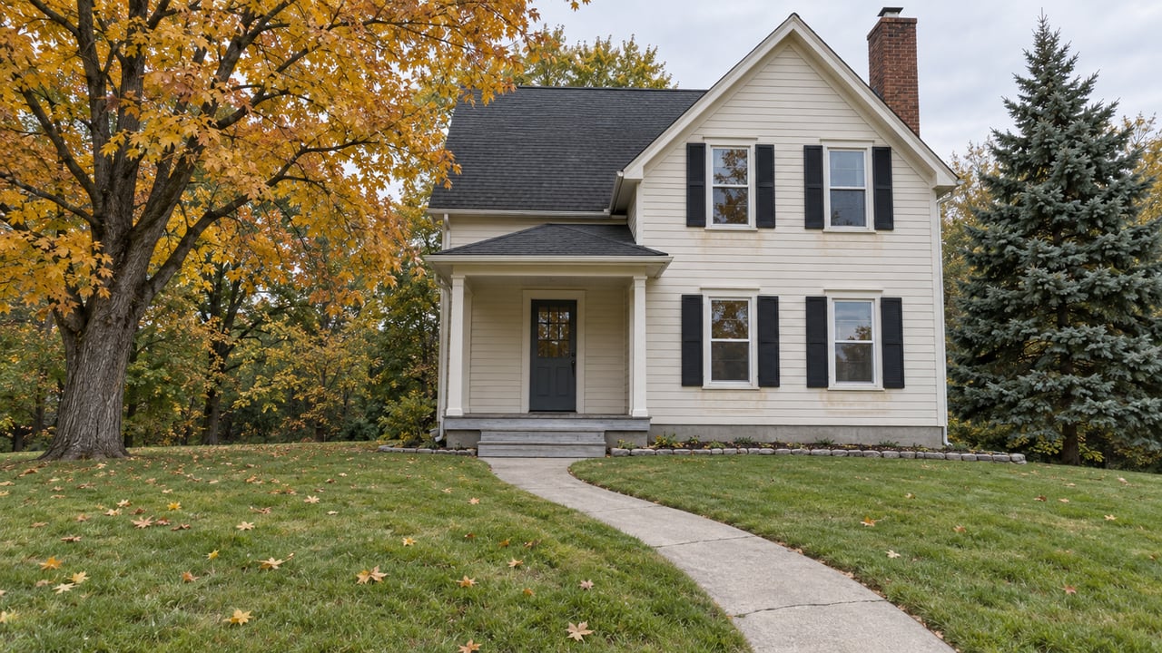 Cream-sided two-story home with black shutters, a brick chimney and a small covered porch beyond a gently sloping autumn lawn.