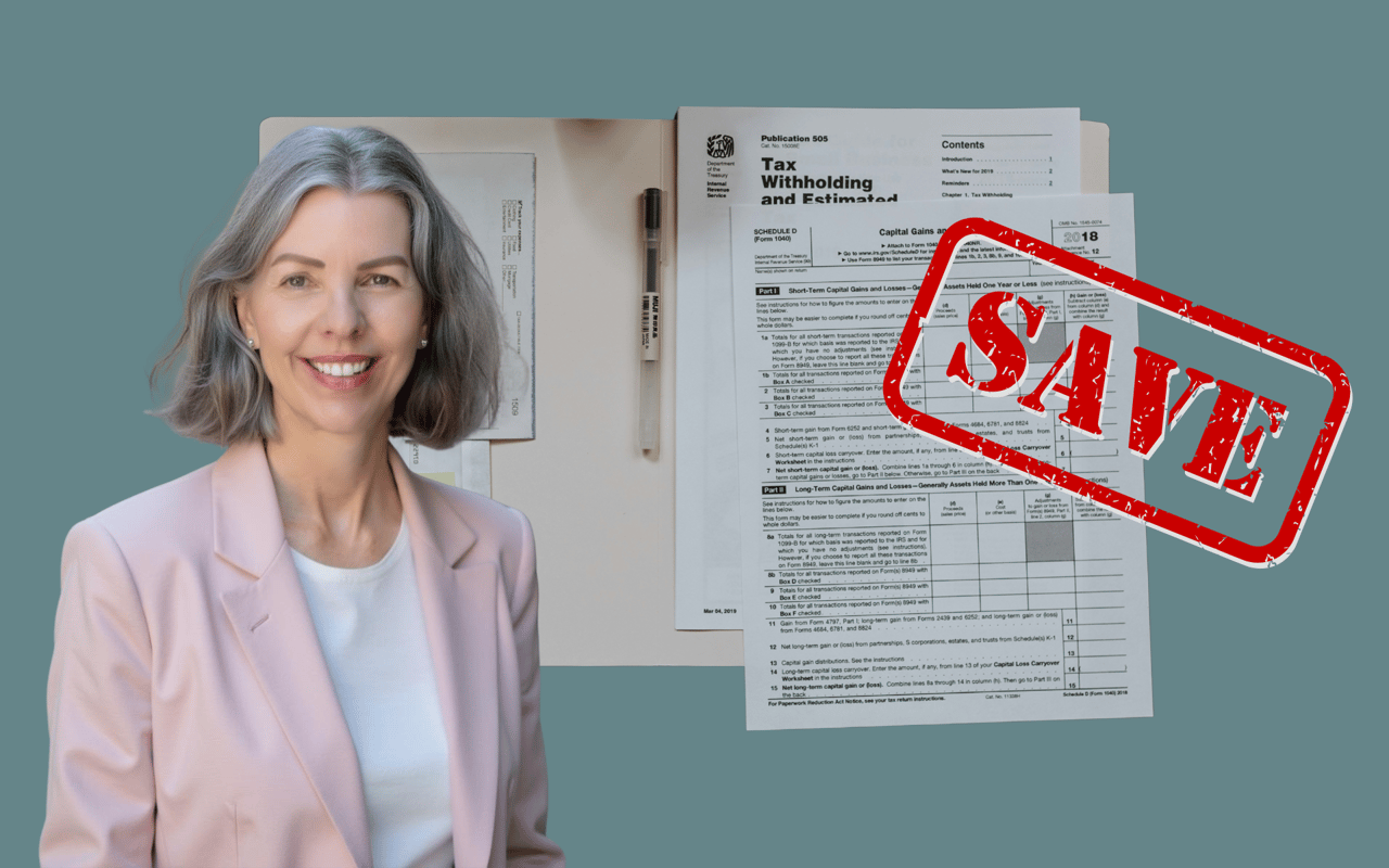 Smiling Los Angeles real estate agent in pink blazer beside tax forms, highlighting 2025 homeowner tax savings.