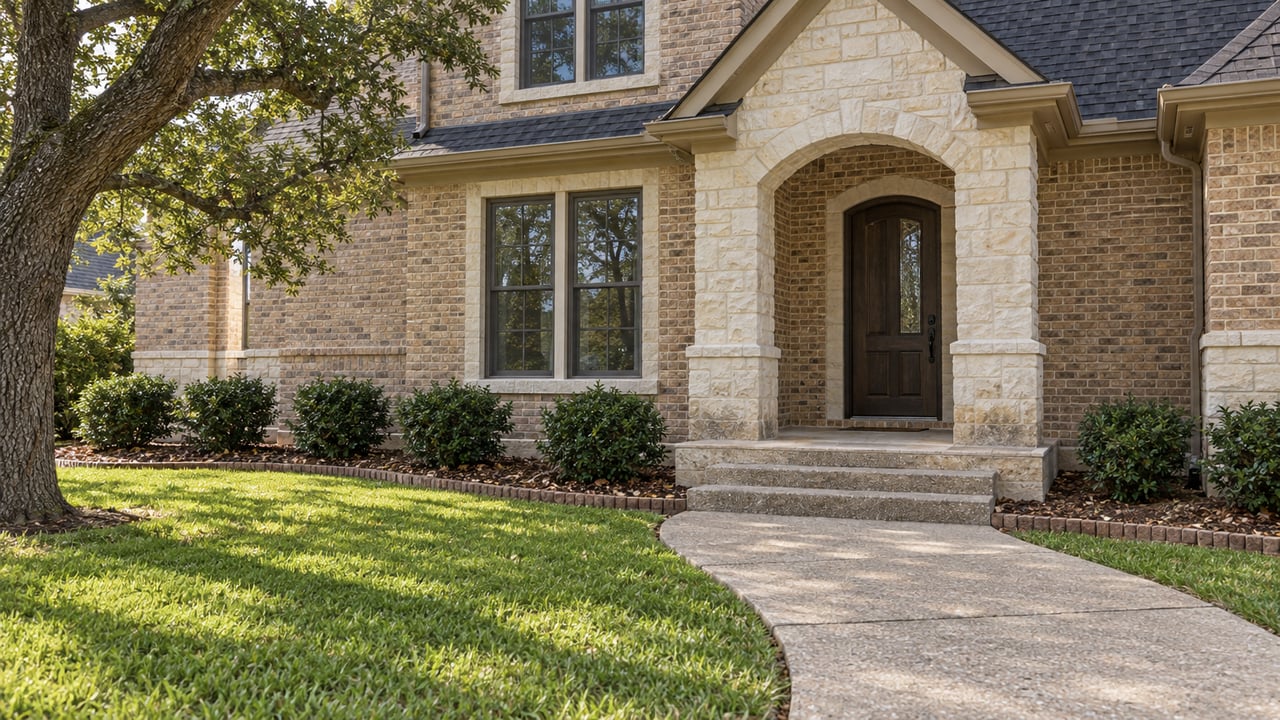 Brick and pale limestone home entry with an arched porch, curved concrete approach and mature live oak beside a green lawn.