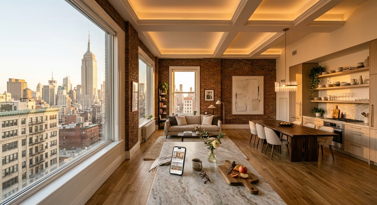 Furnished NYC loft living room with exposed brick and Empire State Building views through large windows.