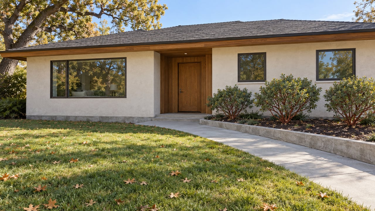 Low-roof home with warm stucco, a cedar-lined entrance, mature oak and a deep autumn lawn.