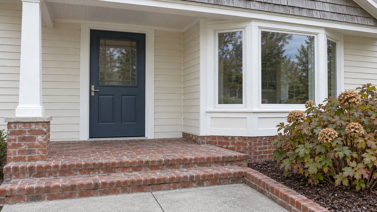 Cream clapboard house entry with a navy glazed door, white-trimmed bay window, worn brick steps and an oakleaf hydrangea.