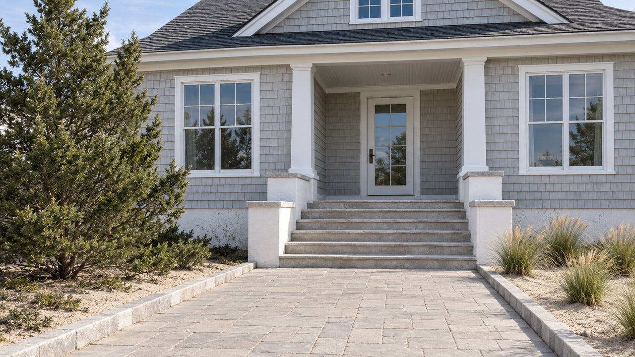 Pale-gray shingle home with a raised stone entry, white porch trim and dune grass in sand-mulched planting beds.