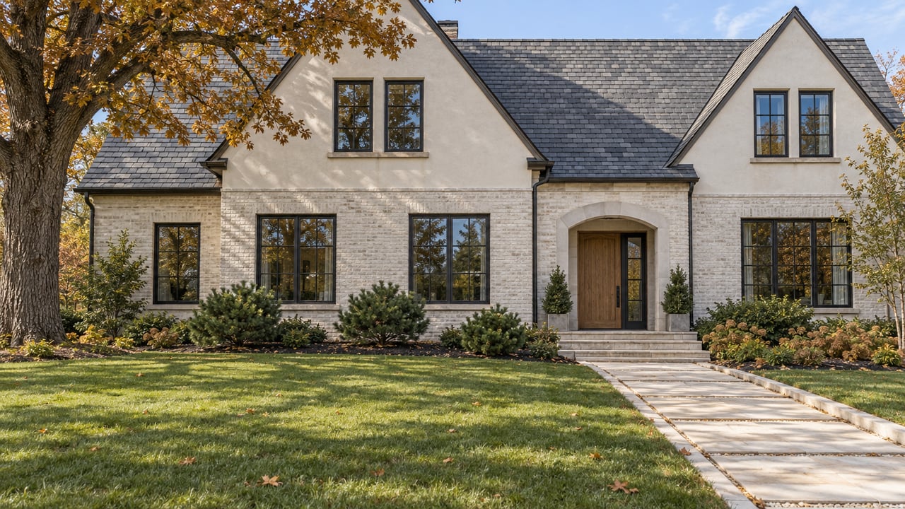 Cream brick and white stucco home with steep slate gables, black steel windows, a deep autumn lawn and one mature oak.