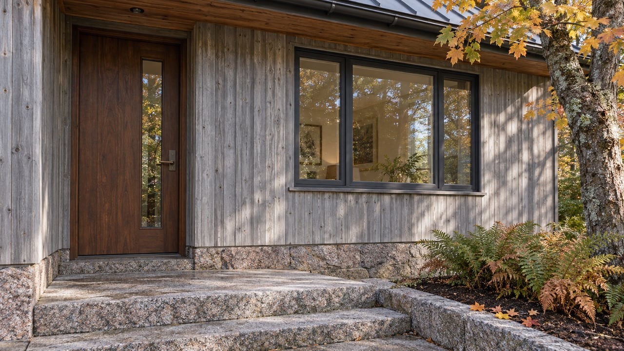 Weathered cedar cottage entrance with a closed timber door, broad window, granite steps, and amber sugar maple leaves in soft autumn light.