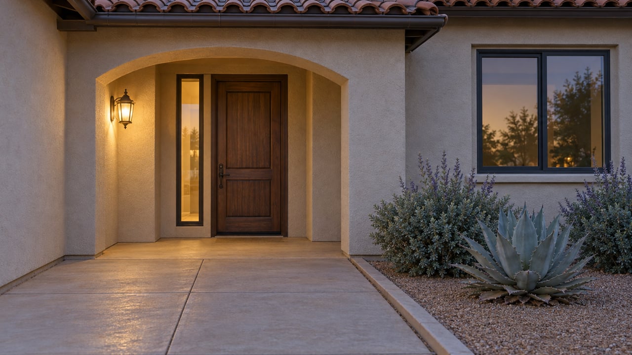A warm-lit arched stucco entry at dusk, with a walnut door, clay tile eave, and silver agave beside a concrete approach.