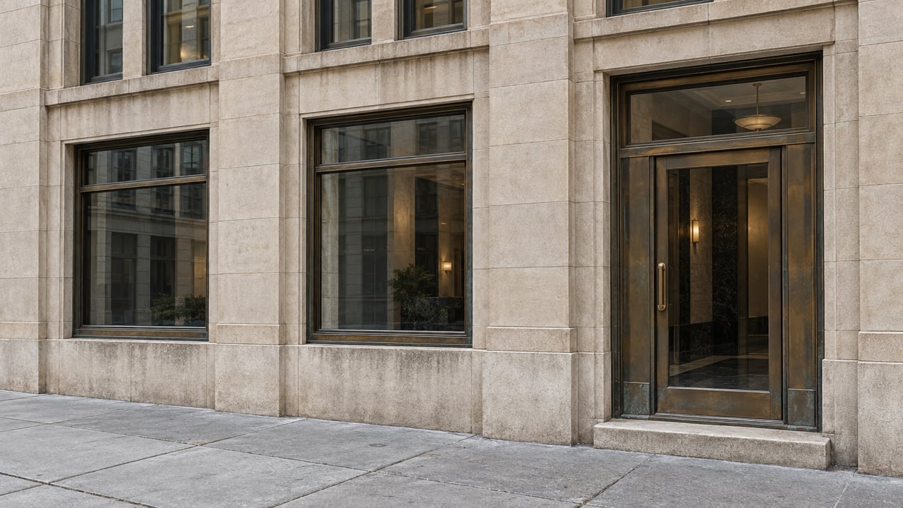 Buff limestone building facade with bronze-framed windows and a glazed entrance above a raised stone doorstep.