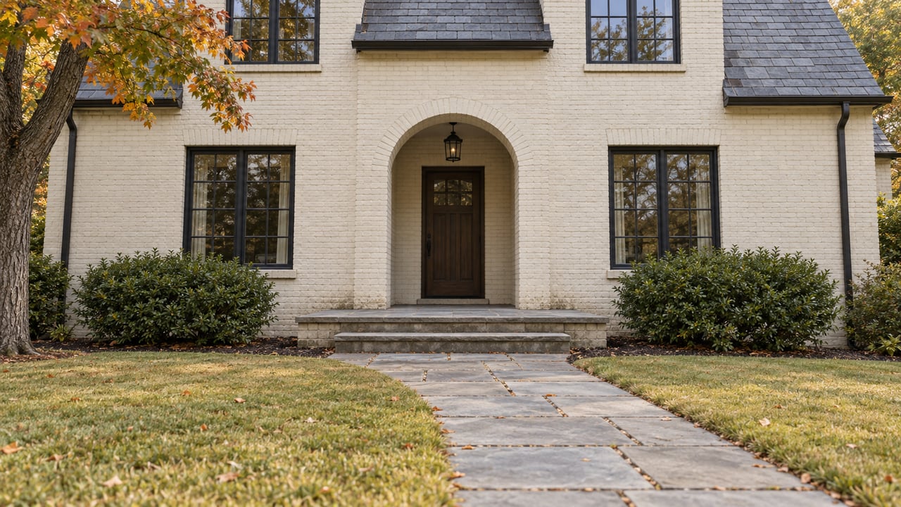 Ivory painted-brick home with an arched recessed entry, black multi-pane windows, gray stone walk, broad lawn and an autumn maple.