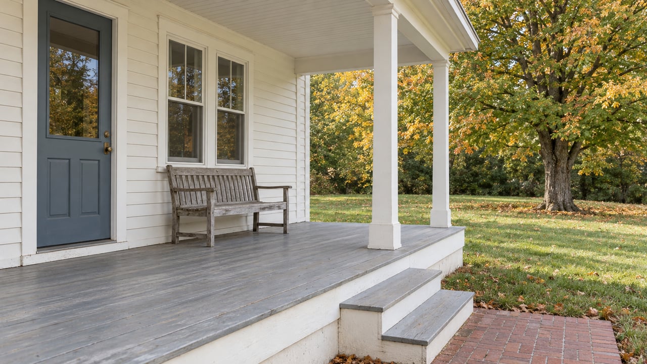 Covered cottage porch with pale clapboard siding, a blue-gray door, worn painted decking and an autumn maple beyond the lawn.