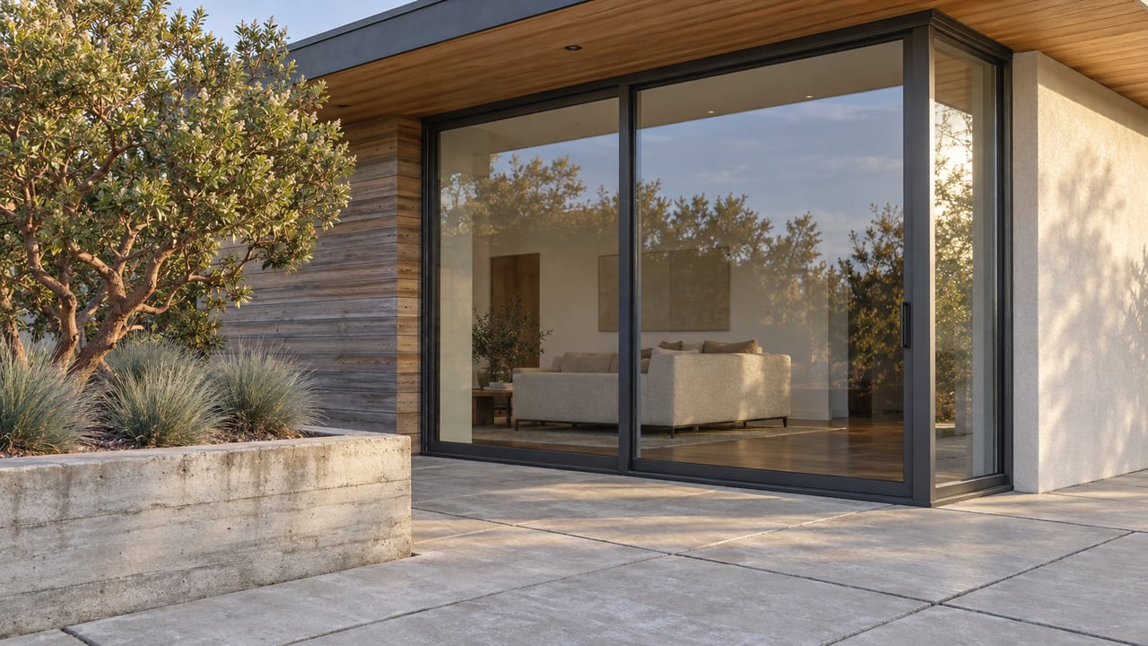 Contemporary residential terrace with pale concrete paving, enclosed corner glazing, cedar soffit and a raised planter containing manzanita and Idaho fescue.
