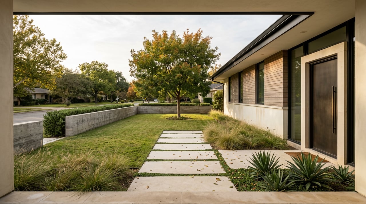 Limestone paver path crosses a landscaped front lawn toward a low modern home, with a specimen tree and concrete wall.