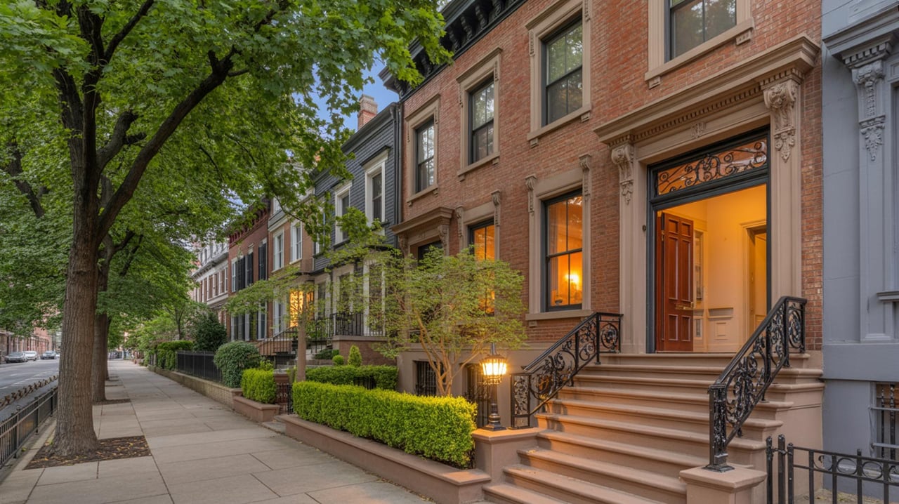 Brick row houses with broad stoops and ornate black railings line a leafy city sidewalk.