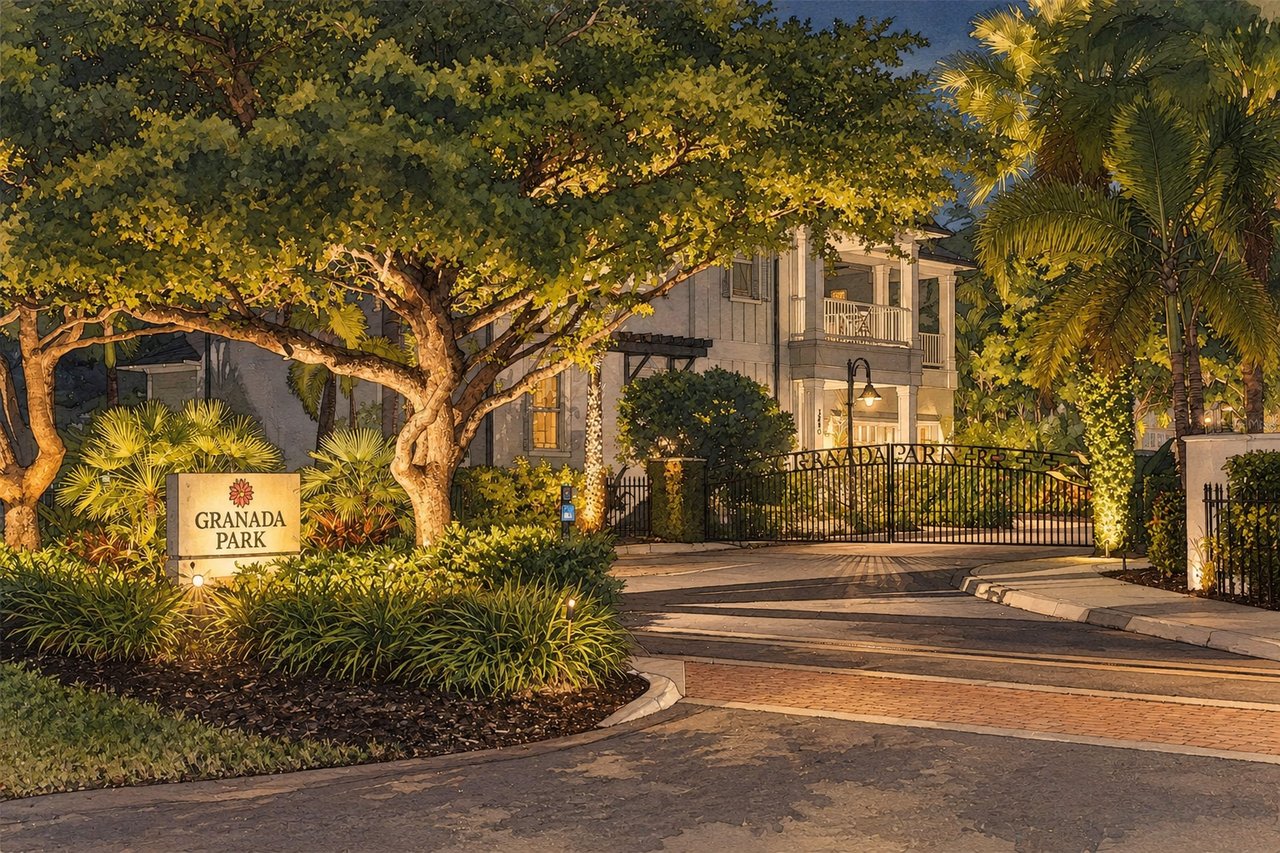 Granada Park entrance with a gated drive, tropical landscaping, and a warmly lit residence.