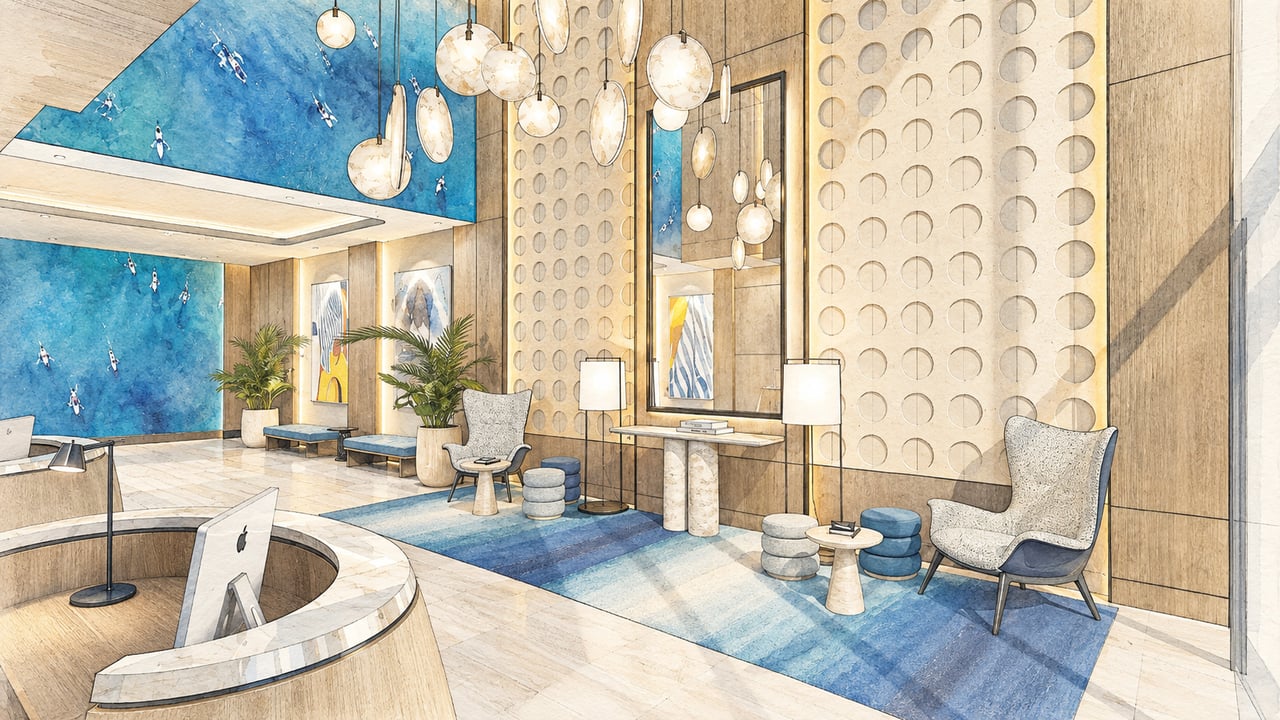 Rendered condominium lobby with curved reception desk, blue aquatic mural, patterned walls, and lounge seating.