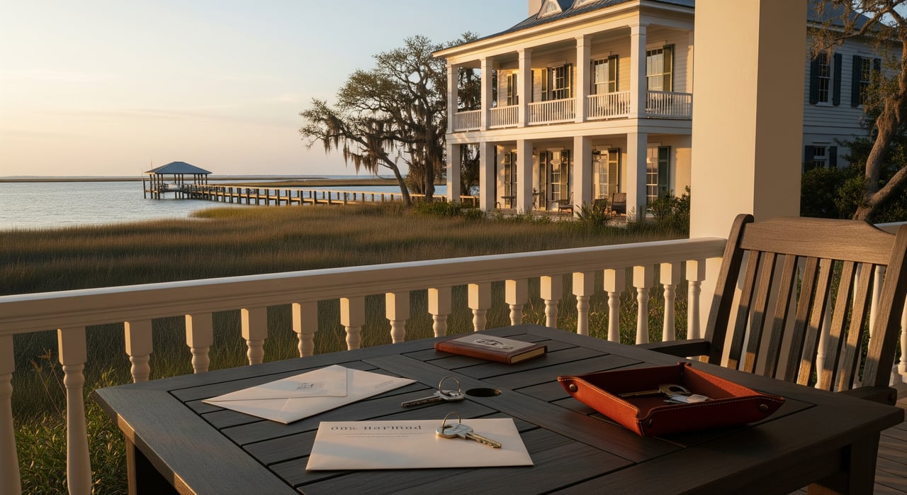Papers and a leather portfolio on a balcony table overlook marsh grass, a pier, and a waterfront building.