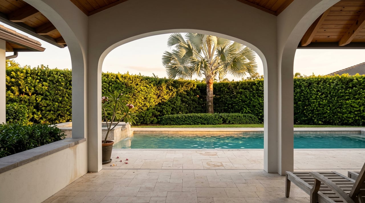 Turquoise pool beyond a stucco arch, with a clipped hedge and silver-blue palm in golden sunlight.