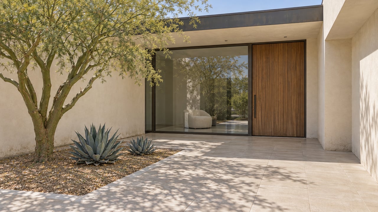 Cream-stucco modern home entry with a wood door, bronze-framed glazing, paved courtyard, blue palo verde and two sculptural agaves.