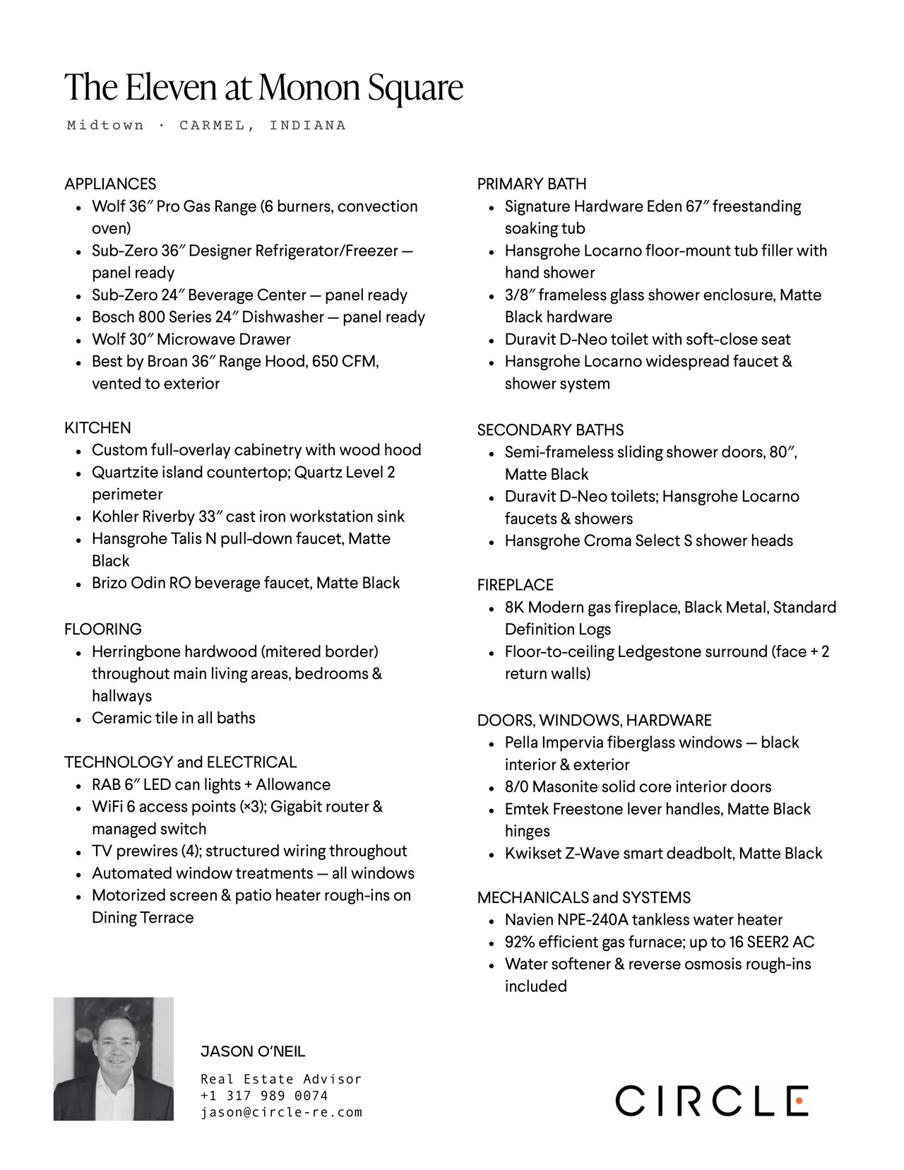 The Eleven at Monon Square property specifications sheet listing finishes, appliances, and building systems.