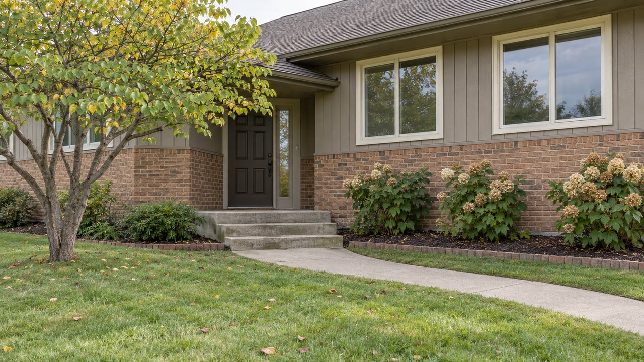 An established split-level home with russet brick, taupe vertical siding, a concrete entry walk and an early-autumn lawn.