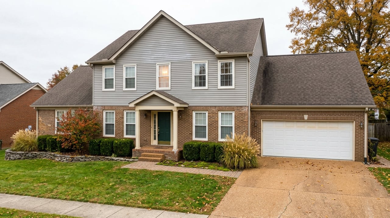 Two-story house with brick lower facade, gray siding, green door, attached garage, and autumn leaves.