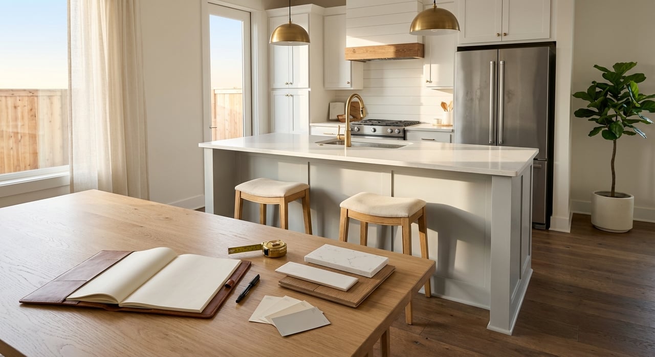 Kitchen table with new-home selections and paperwork in a modern farmhouse interior.