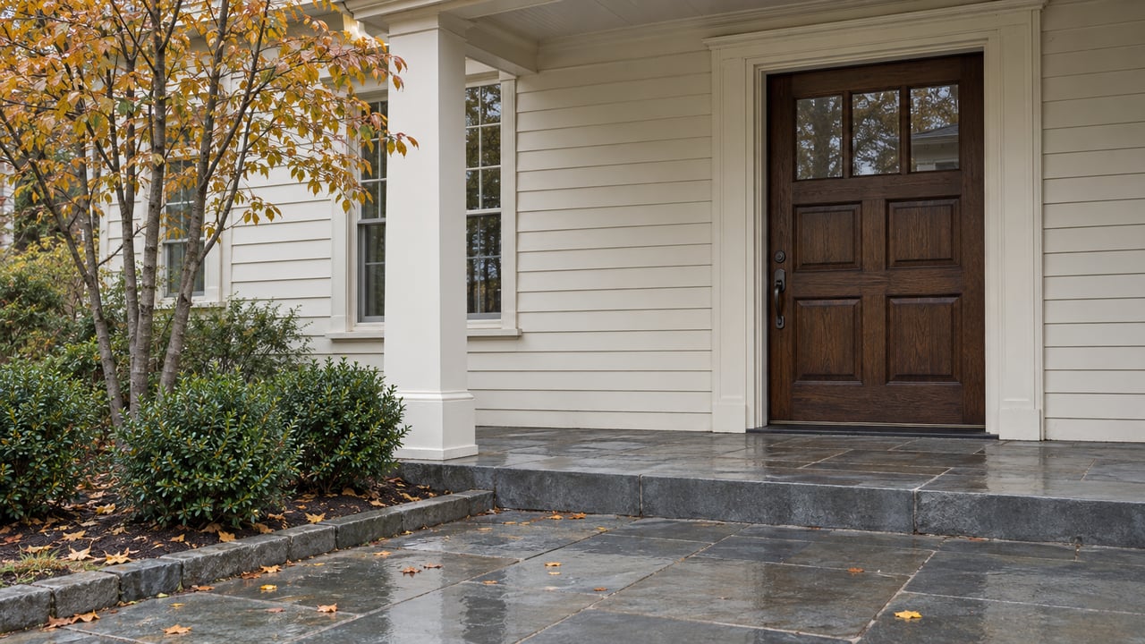 Cream clapboard estate entry with a dark oak door, wet bluestone steps, and sparse amber leaves.