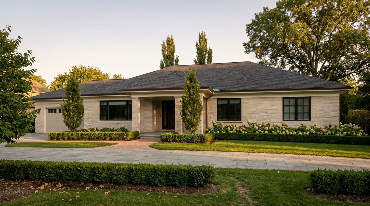 Single-story limestone home with black-framed windows, a curved brick walkway, and clipped hedges beside a broad lawn.