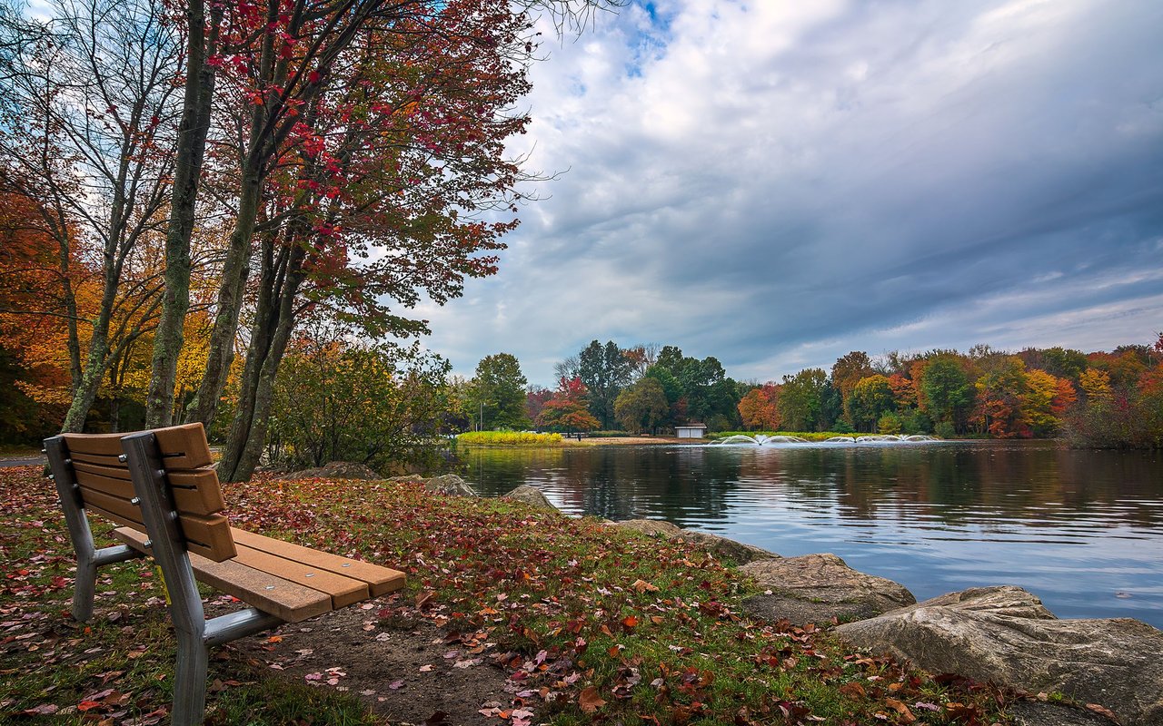 Park pond with fountains, a wooden bench, and autumn foliage along the rocky shore.
