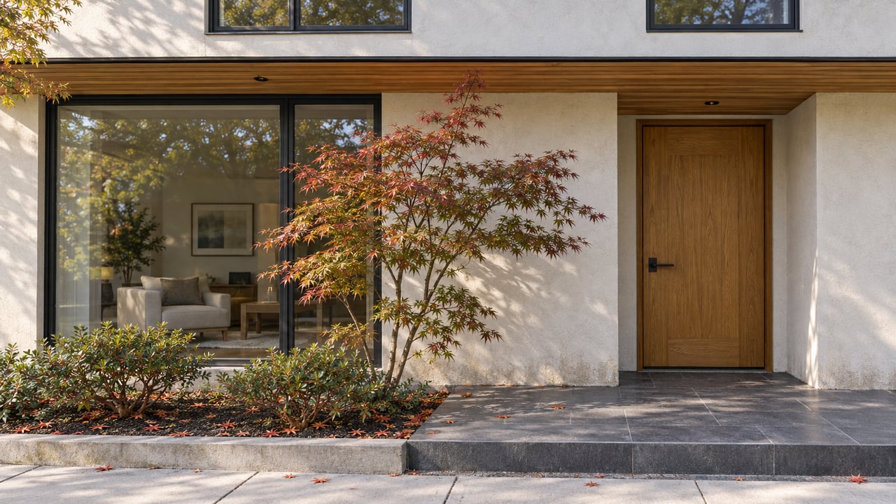 Compact two-story stucco home with an oak entry door, dark-framed windows, and a small maple in a narrow bed.