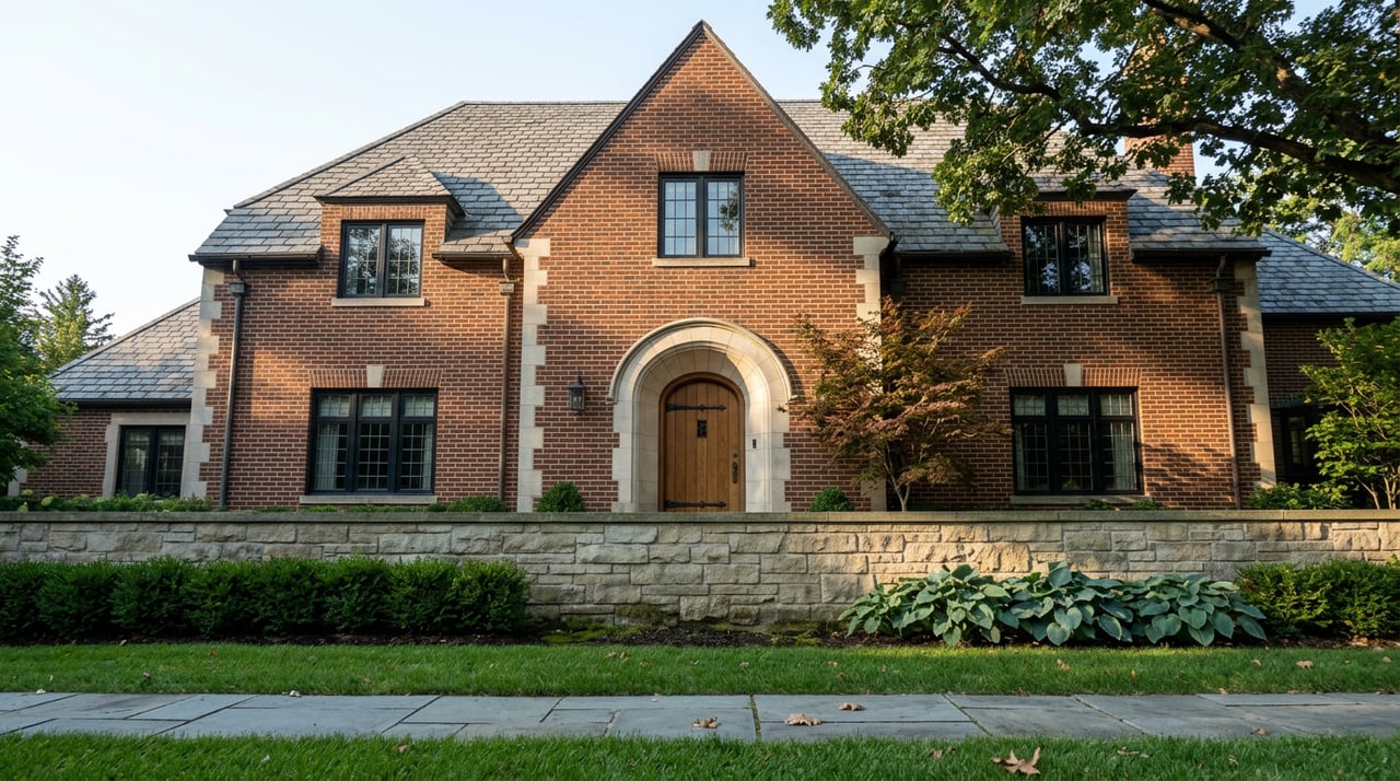 Two-story brick and limestone entry with an arched oak door, garden wall, clipped lawn, and steep gable roof.