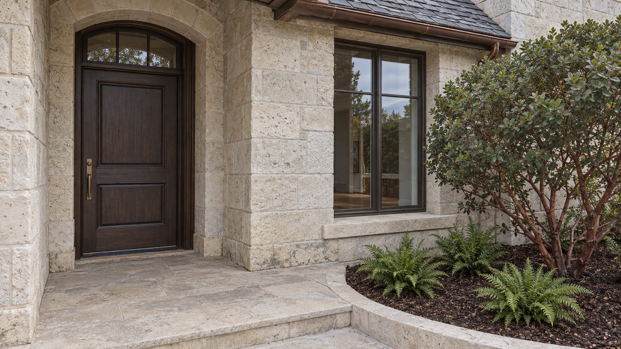 Pale limestone home entrance with a dark oak door, bronze-framed window and a curved bed of manzanita and sword ferns.