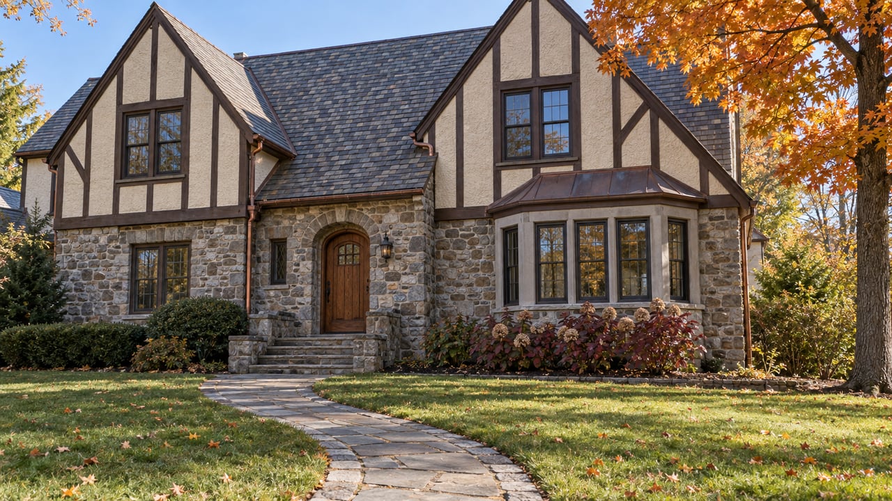 Autumn sunlight on a stone and cream Tudor home, with a curving bluestone walk across a deep lawn and an orange-leaved maple.