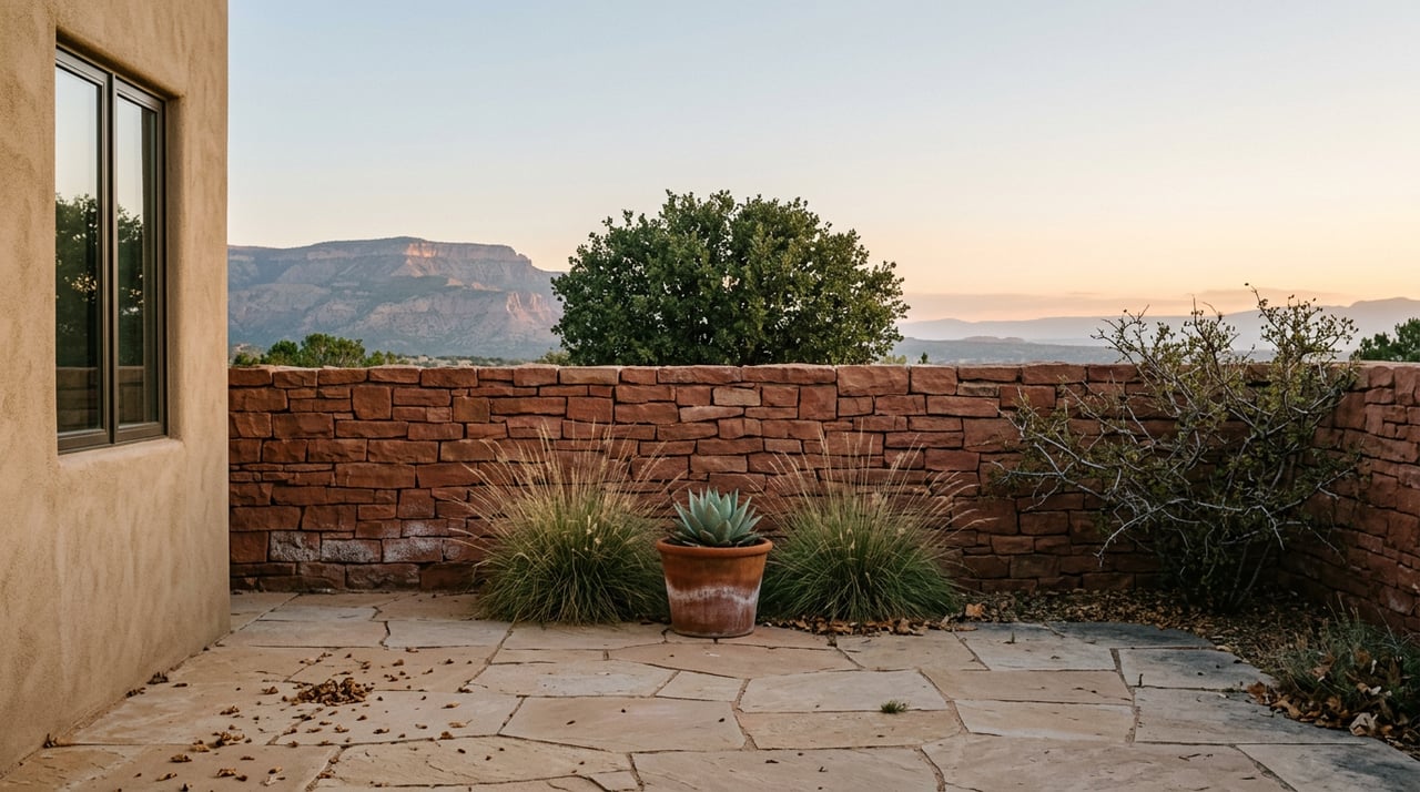 Sandstone courtyard with a terracotta agave planter, grasses, a shrub oak, and layered mesas beyond the wall.
